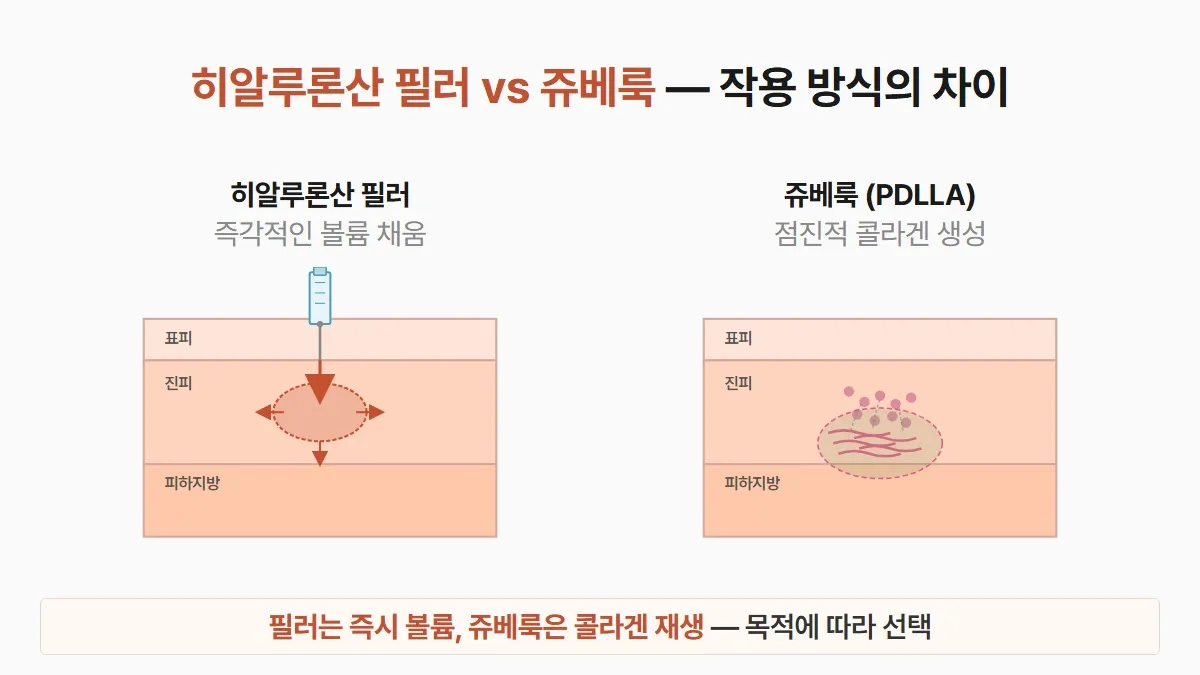 강남 피부과 쥬베룩과 히알루론산 필러 작용 원리 비교