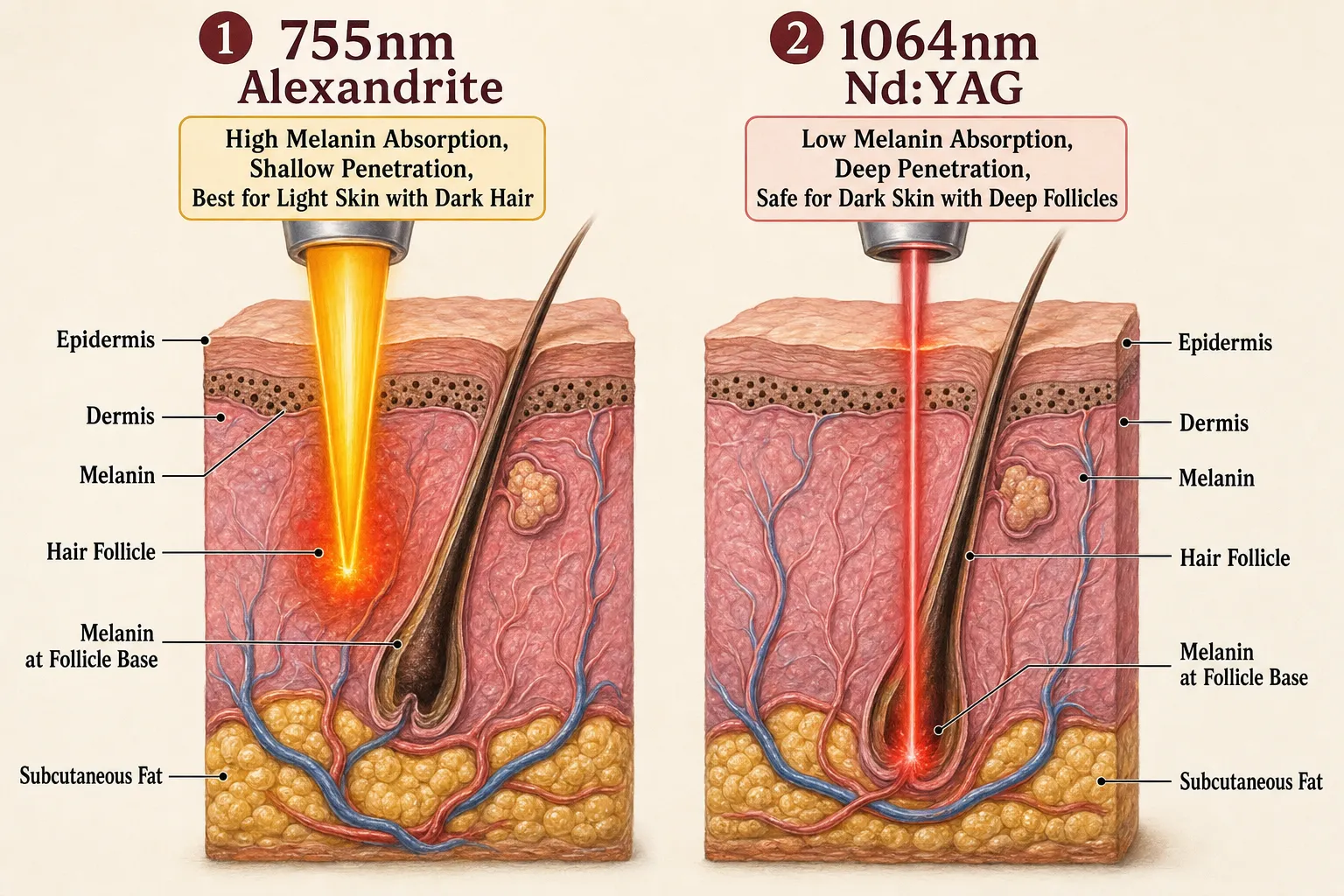 755nm vs 1064nm 멜라닌 흡수도와 작용 깊이 비교 — 알렉산드라이트는 흡수도 높고 얕은 작용 / 엔디야그는 흡수도 낮고 깊은 침투