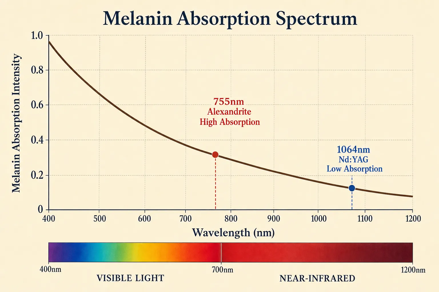 755nm vs 1064nm 멜라닌 흡수 스펙트럼 그래프 — 파장별 멜라닌 흡수도 곡선 위에 두 파장 자리 표시 + 하단 가시광선·근적외선 스펙트럼 바