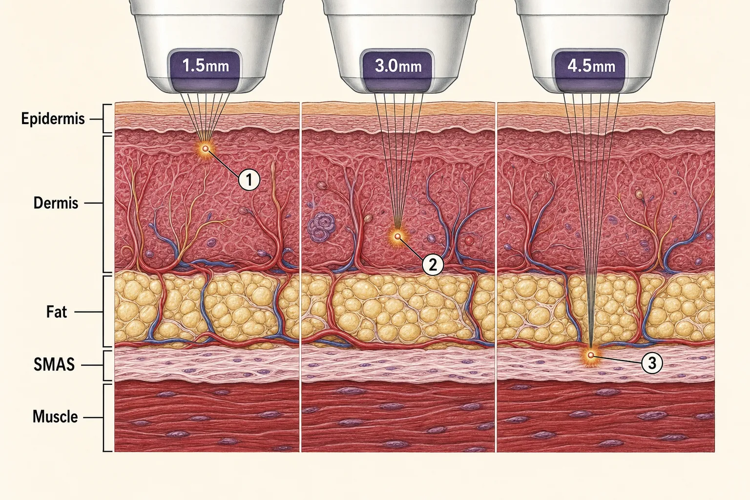 울쎄라 팁 깊이별 작용 단면 — 1.5mm 표면 진피, 3.0mm 진피, 4.5mm 근막층에 각각 열응고점이 맺히는 모습