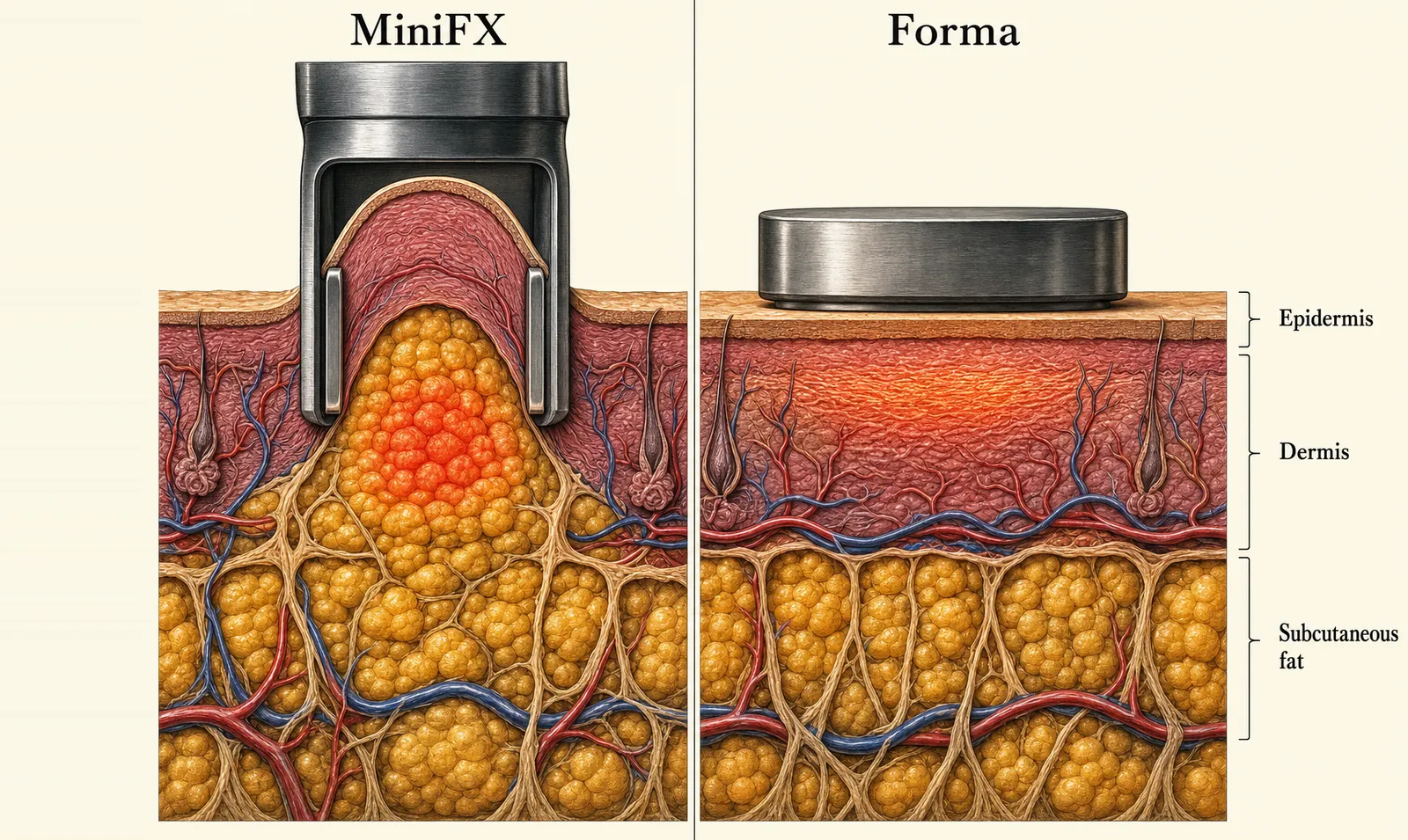 인모드 두 모드의 작용 깊이 비교 단면 — MiniFX는 피부를 빨아들여 지방층을 데우고, Forma는 팁을 평평하게 얹어 진피에만 열을 전달하는 모습