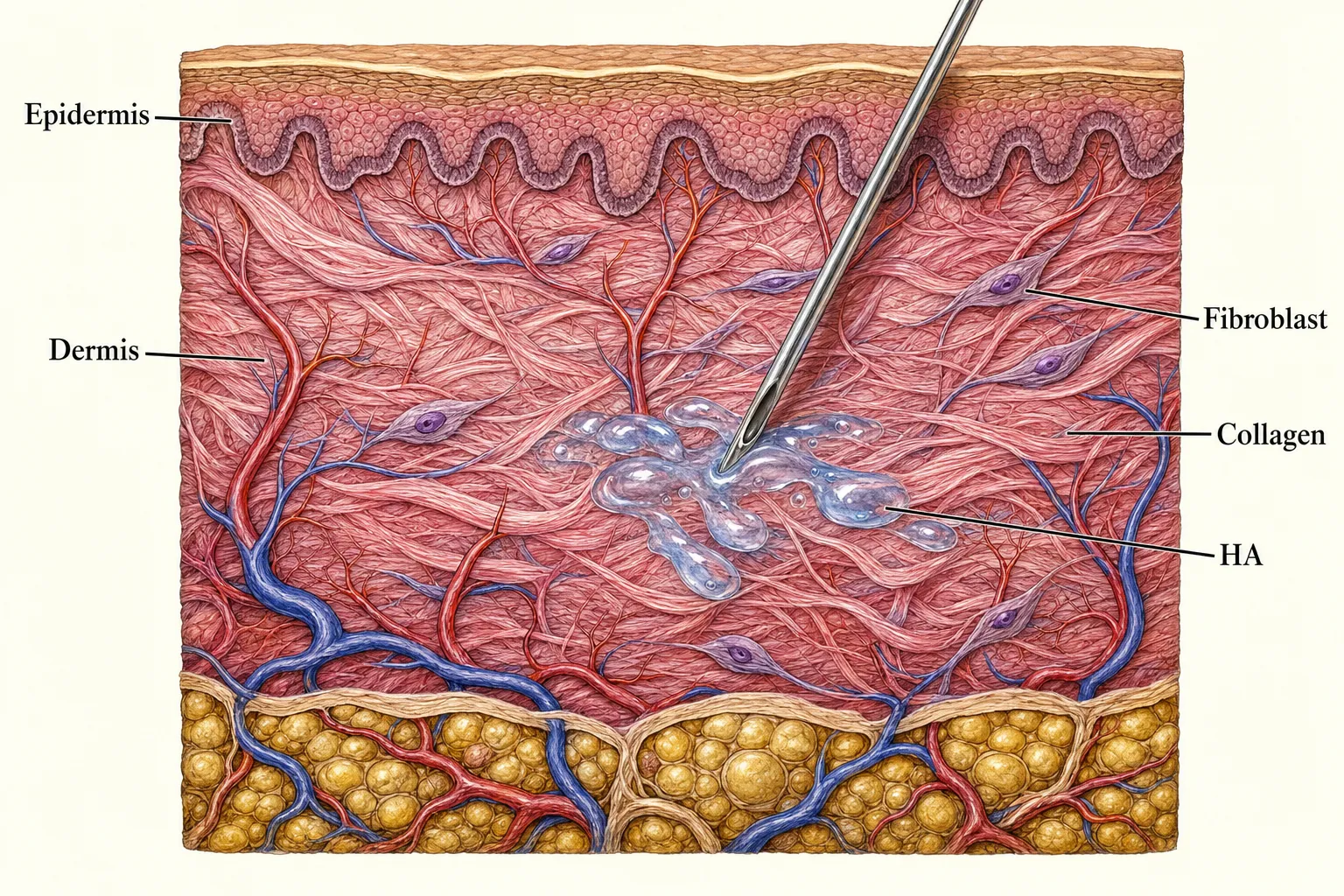스킨부스터 성분이 진피에 주입되는 단면 — 표피 아래 진피의 콜라겐 사이 공간으로 성분이 퍼지고, 주변에 섬유아세포가 자리한 모습