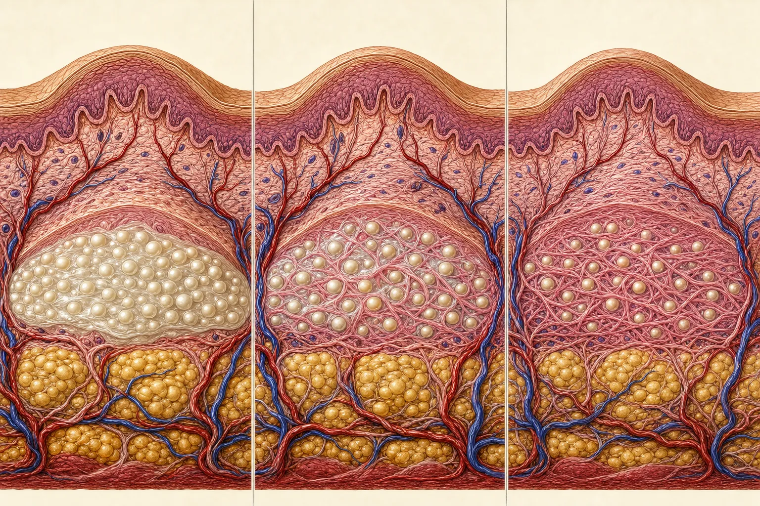 같은 자리의 피부 단면을 시술 직후·수개월 뒤·1~2년 뒤 세 시점으로 나눠, 겔이 만든 부피가 겔 흡수와 함께 PCL 구슬 주위의 새 콜라겐으로 이어받아 같은 높이로 유지되는 과정을 그린 도해