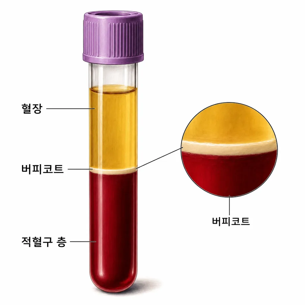 본인 혈액을 원심분리해 세 층으로 나뉜 시험관 — 위 혈장, 가운데 얇은 버피코트 층, 아래 적혈구 층