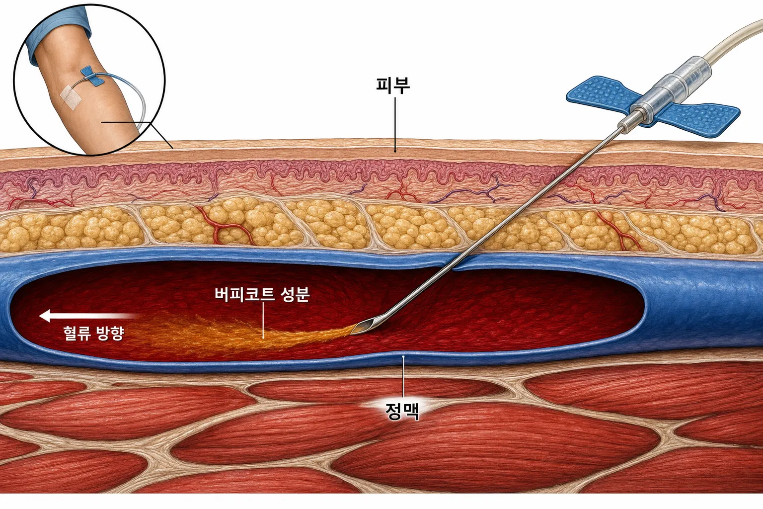 팔 안쪽 피부 단면 — 정맥에 들어간 주사 끝에서 버피코트 성분이 혈류 방향으로 퍼지는 모습