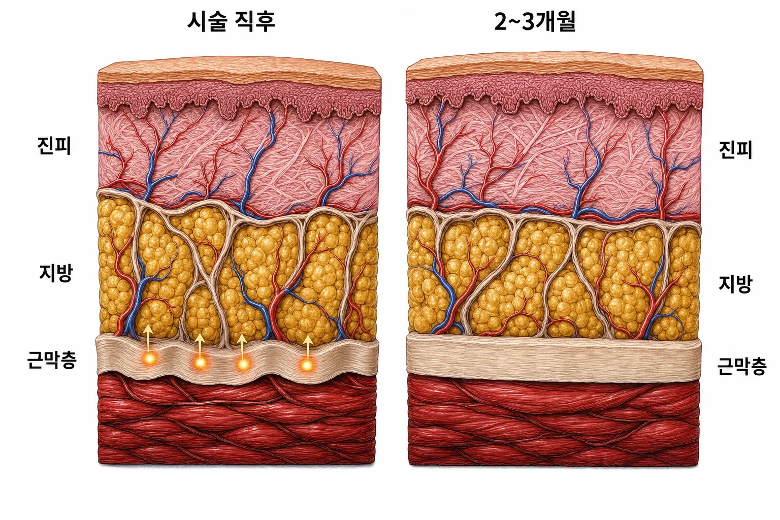 울쎄라 시술 직후와 2~3개월 후의 피부 단면 비교 — 직후에는 근막층에 열점이 생기며 수축이 시작되고, 2~3개월에 걸쳐 근막층이 조여지며 당김이 자리 잡는 모습 (개인차 있음)