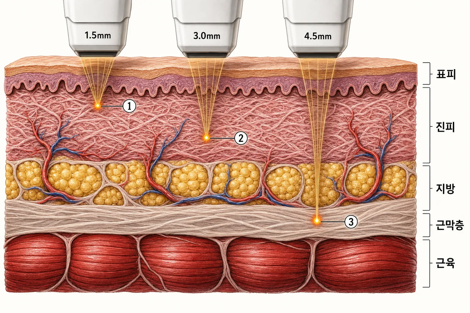 울쎄라 팁 깊이별 작용 단면 — 1.5mm 표면 진피, 3.0mm 진피, 4.5mm 근막층에 각각 열응고점이 맺히는 모습