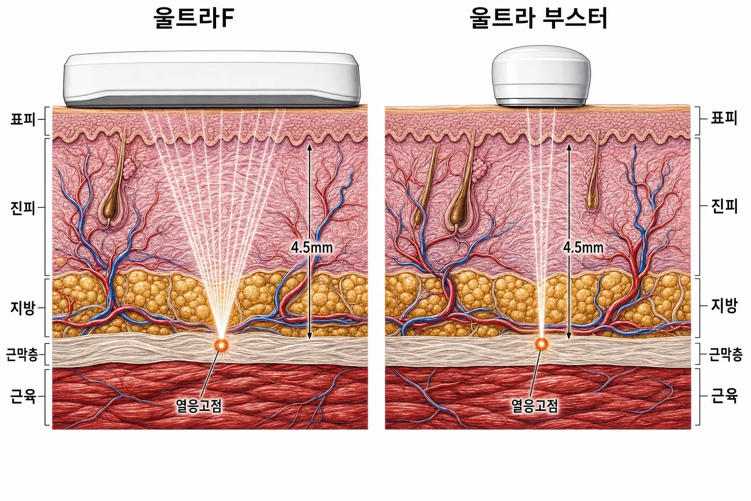 울트라F와 울트라 부스터 팁의 열응고점 비교 단면 — 팁 폭만 다를 뿐 두 팁 모두 같은 깊이 한 점에 열이 모이는 모습