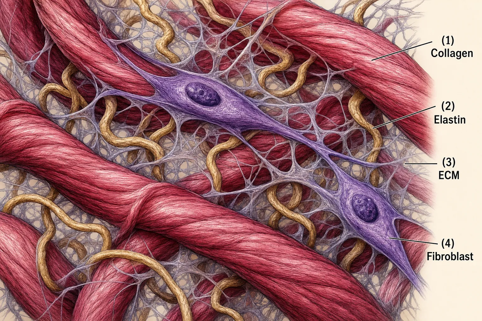 진피 확대 단면 — 콜라겐 다발과 탄력 섬유, 히알루론산 사이를 채우는 바탕(ECM) 그물망에 콜라겐을 만드는 세포(섬유아세포)가 붙어 있는 모습