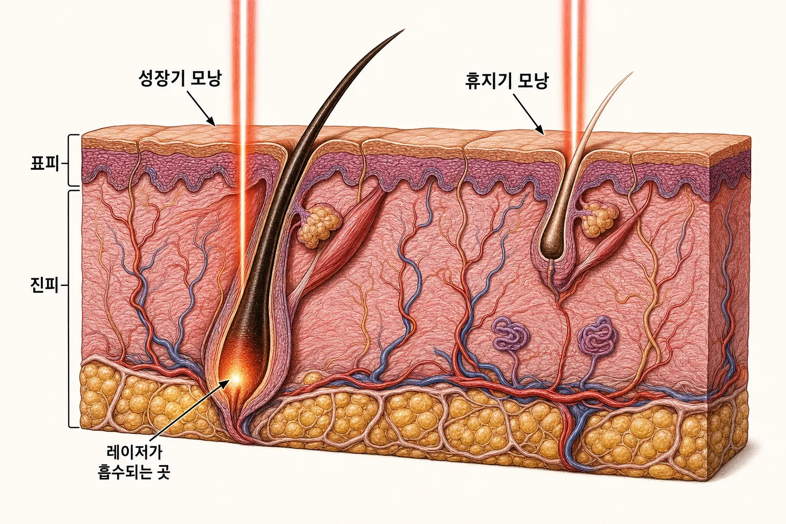 자라는 중인 모낭과 쉬고 있는 모낭의 단면 비교 — 깊고 검은 자라는 모낭은 레이저를 흡수해 뿌리에 열이 모이고, 얕고 옅은 쉬는 모낭은 반응하지 않는 모습
