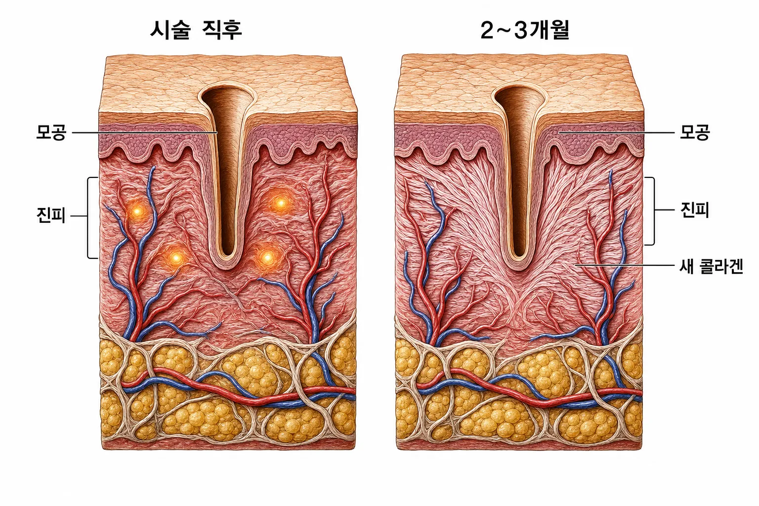 시술 직후와 2~3개월 후의 모공 주변 단면 비교 — 직후에는 모공 벽 옆 진피에 침 끝 열 자극점이 생기고, 2~3개월에 걸쳐 주변 콜라겐이 촘촘해지며 모공이 완만하게 조여지는 모습 (개인차 있음)
