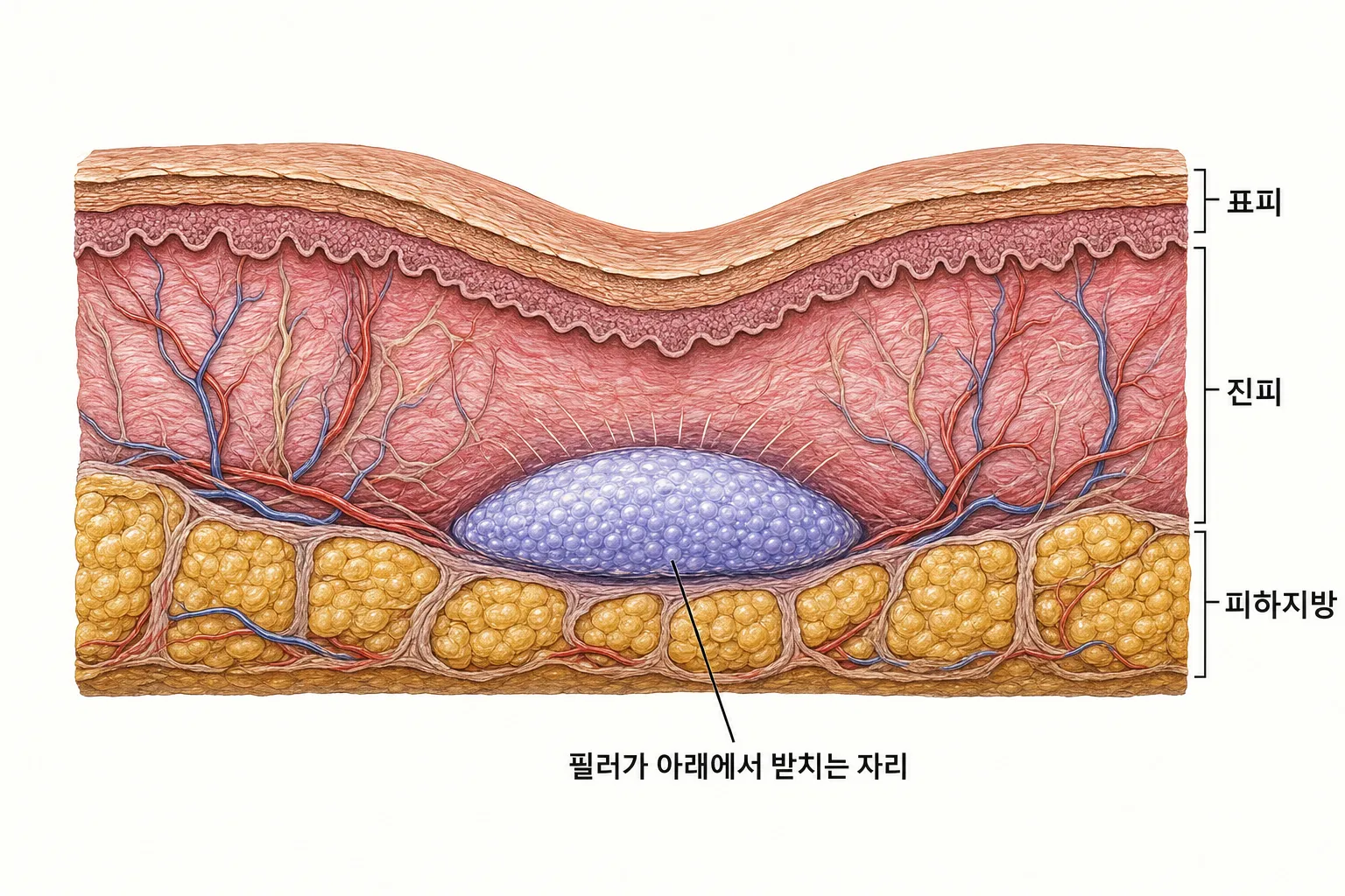 꺼진 부위 아래 깊은 층에서 입자형 필러가 조직을 받치고 있는 피부 단면 도해