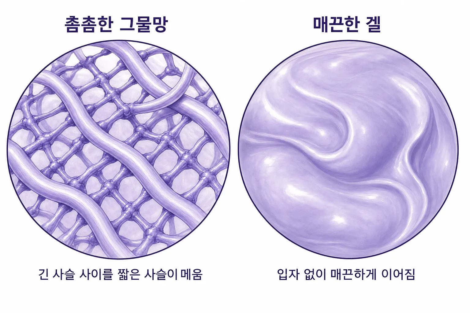 쥬비덤 겔을 확대한 두 시점 도해 — 긴 사슬 사이를 짧은 사슬이 메운 촘촘한 그물망과, 입자 없이 매끈하게 이어지는 겔 질감