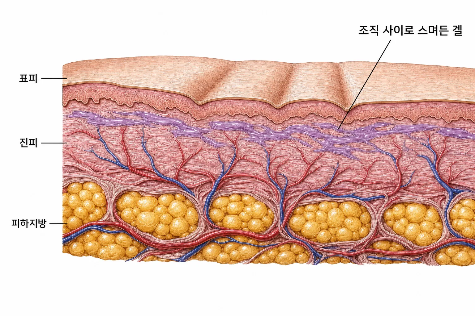 얇은 피부의 잔주름 아래 표층에 겔이 조직 사이로 스며들어 있는 단면 도해