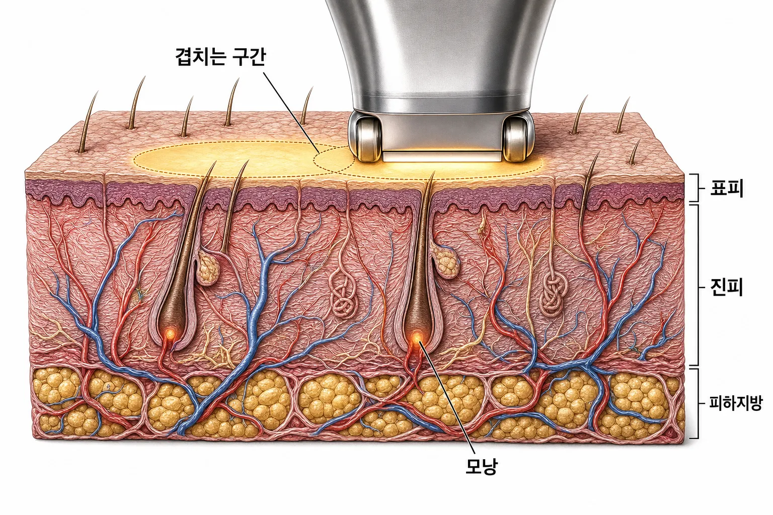 핸드피스를 피부 위로 굴리며 쏜 자국 두 곳이 서로 조금씩 겹쳐 이어지는 피부 단면 — 자국마다 그 아래 모낭 뿌리에 열이 모이는 모습