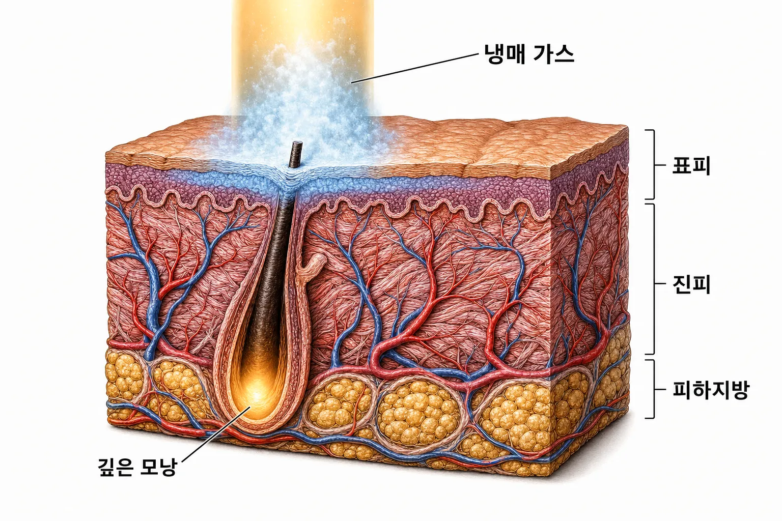차가운 냉매 가스가 표피를 식히는 동안 깊은 모낭 뿌리에 열이 모이는 피부 단면 — 표면은 차갑고 깊은 곳만 뜨거워지는 모습