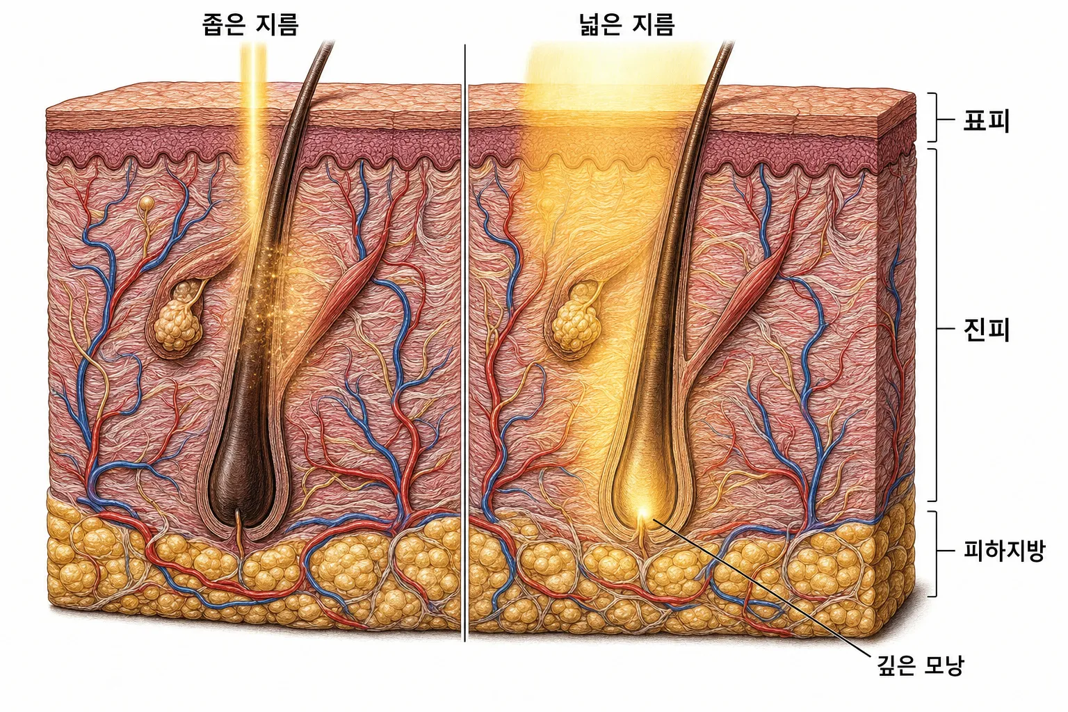 좁은 지름으로 쏠 때와 넓은 지름으로 쏠 때의 피부 단면 비교 — 좁을수록 빛이 옆으로 흩어져 얕은 곳에서 약해지고, 넓을수록 깊은 모낭까지 에너지가 남는 모습