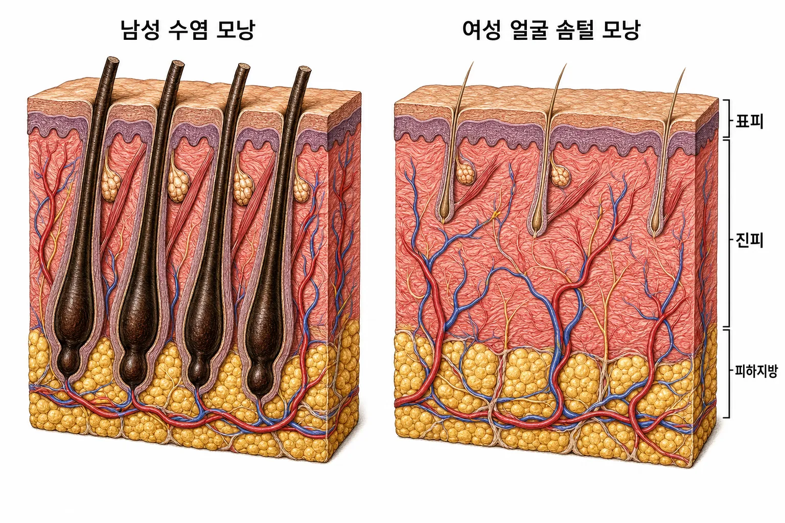 남성 수염 부위와 여성 얼굴 피부의 단면 비교 — 수염 모낭은 굵고 색이 진하며 털뿌리 끝이 피하지방까지 내려가고 촘촘히 모여 있고, 여성 얼굴 솜털 모낭은 가늘고 옅으며 진피 안에서 끝나고 사이가 넓은 모습