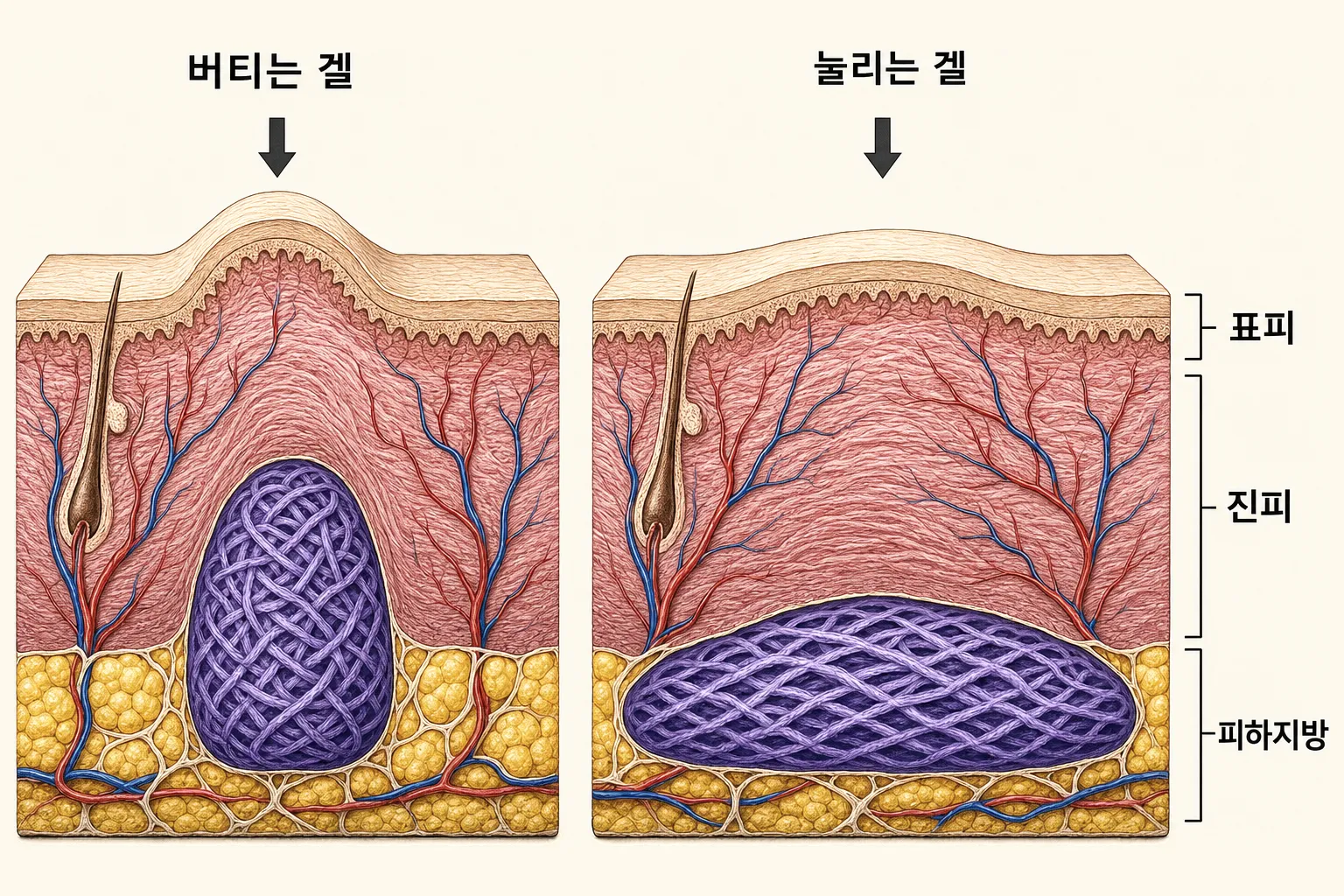 피부 단면을 두 칸으로 나눠, 같은 크기의 힘이 위에서 누를 때 버티는 겔은 형태를 유지하며 조직을 좁고 높게 받쳐 올리고, 눌리는 겔은 옆으로 퍼지며 넓고 완만하게 올려 주는 모습을 비교한 그림