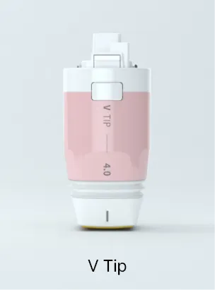 볼뉴머 V팁 — 얼굴 시술에 주로 쓰는 4.0㎠ 팁으로, 팁 몸통에 V TIP 4.0 표기가 있고 아래쪽 끝이 피부에 닿는 부분