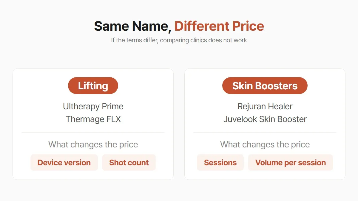What changes the price of lifting and skin booster treatments at a Korean dermatology clinic