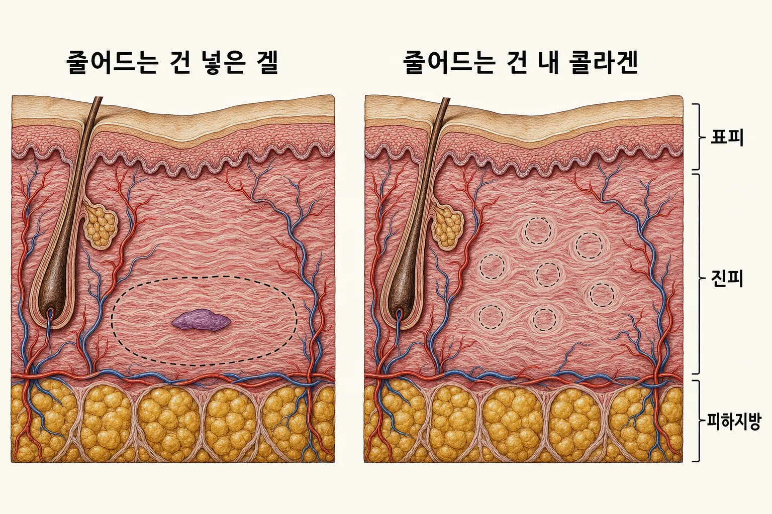 피부 단면을 두 칸으로 나눠, 왼쪽은 넣은 겔이 거의 사라지고 조금만 남은 모습을, 오른쪽은 입자가 사라진 자리에 만들어졌던 콜라겐 결이 옅어지며 함께 줄어드는 모습을 비교한 그림