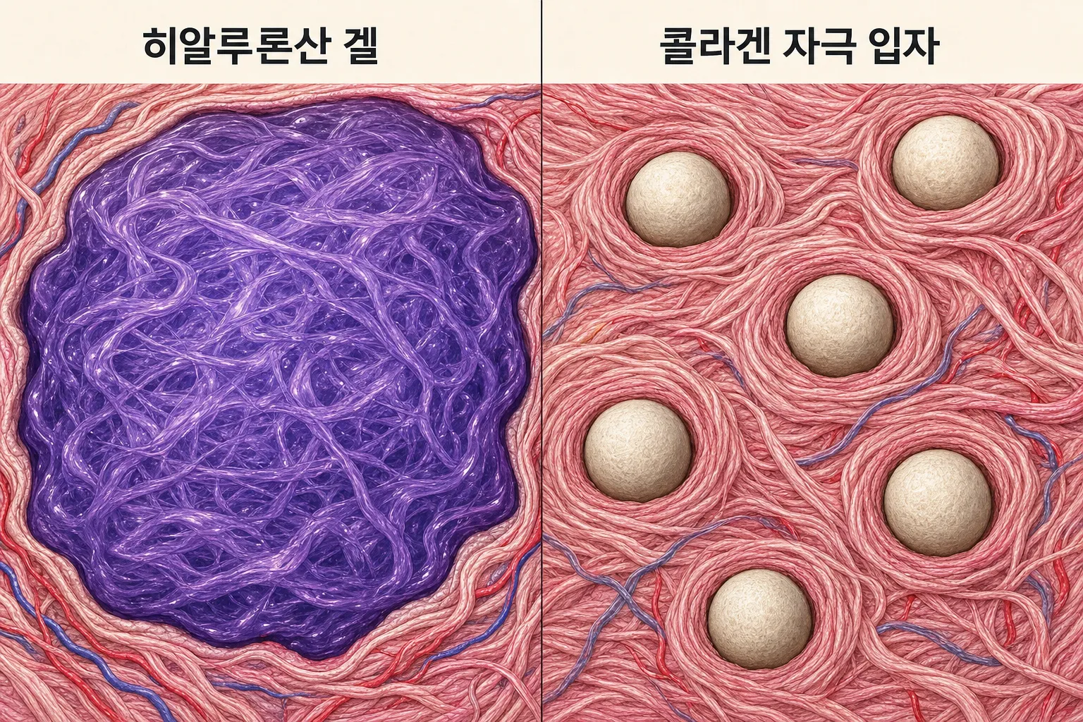 히알루론산 겔과 콜라겐 자극 입자를 피부 조직 안에서 크게 확대해 나란히 비교한 그림 — 왼쪽은 보라색 겔이 서로 이어져 빈틈 없이 자리를 채우고, 오른쪽은 흰 구슬 모양 입자가 드문드문 떨어져 있으며 그 주위로 분홍색 콜라겐 섬유가 새로 자라는 모습