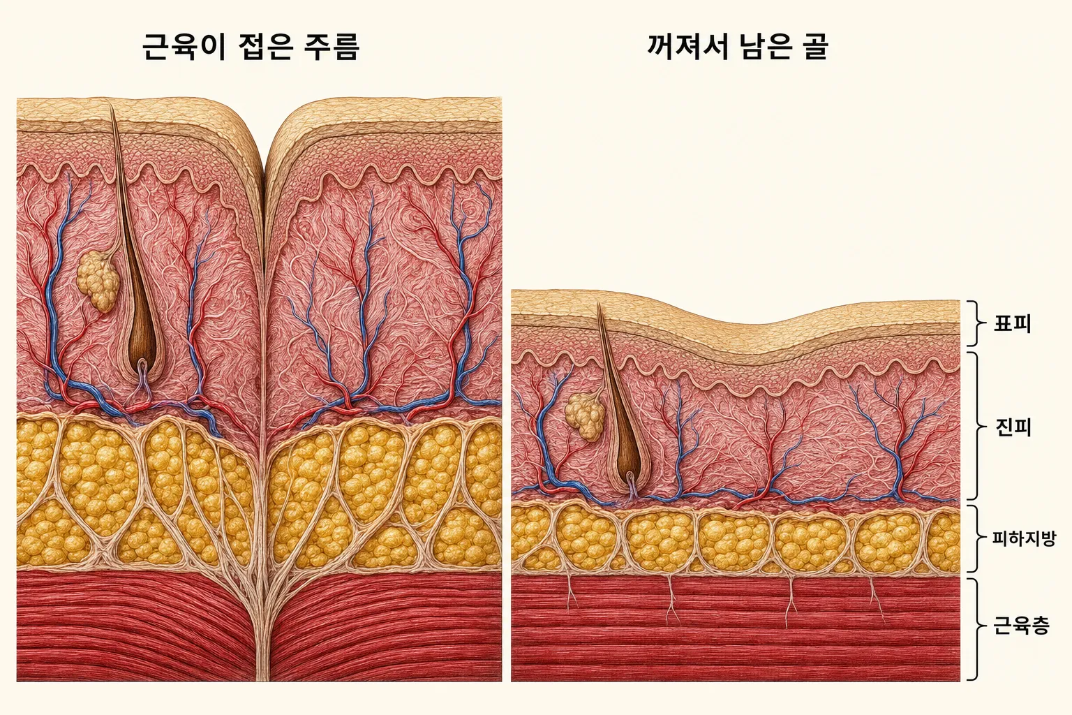 같은 피부 자리를 두 칸으로 나눠 비교한 그림 — 왼쪽은 근육에서 올라온 섬유 가닥이 피부를 아래로 당겨 표면이 좁게 접힌 모습, 오른쪽은 진피와 피하지방이 절반 가까이 얇아져 표면이 완만하게 내려앉은 모습