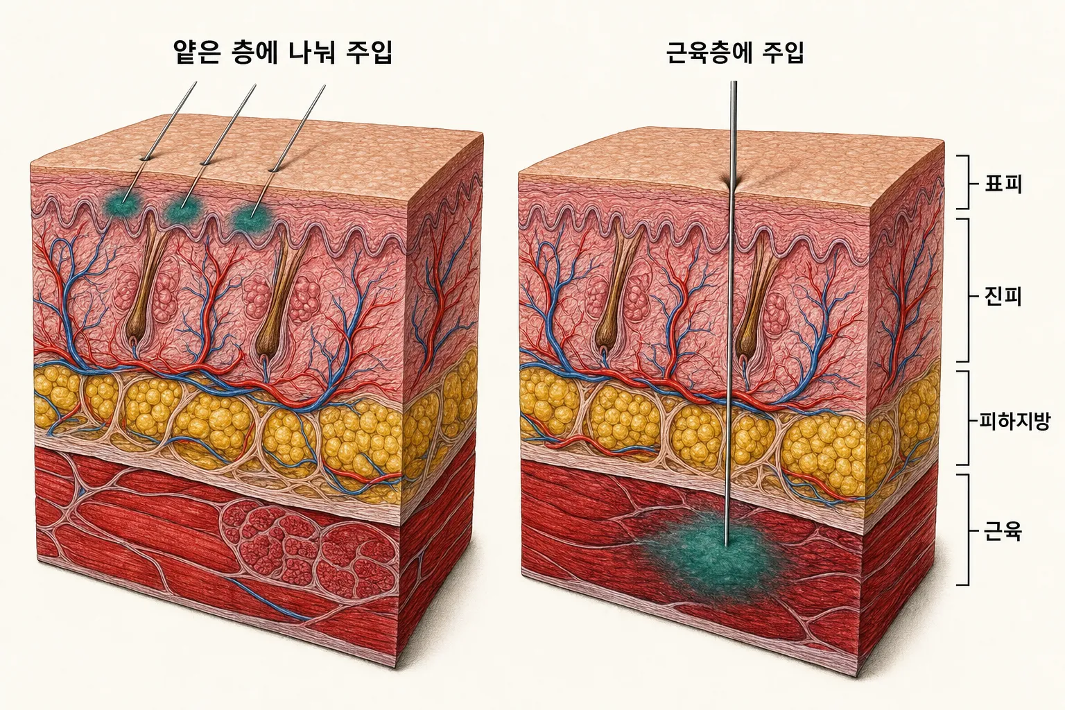 얕은 층에 여러 점으로 나눠 놓은 주입과 근육층까지 내려간 주입을 나란히 놓은 피부 단면 비교 도해