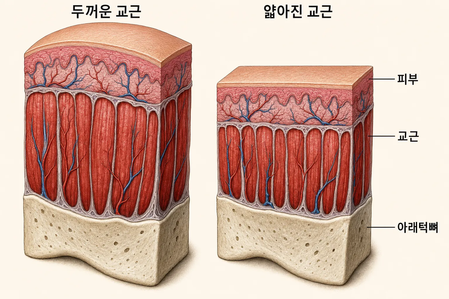 두꺼운 교근과 얇아진 교근을 나란히 놓은 단면 비교 도해 — 아래턱뼈의 크기와 모양은 두 쪽이 같은 모습