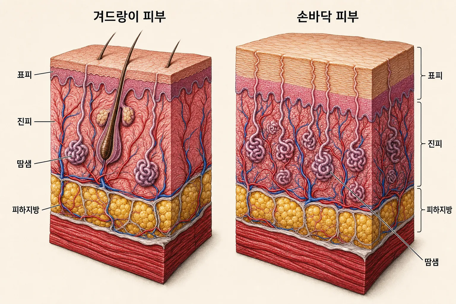 겨드랑이 피부와 손바닥 피부를 나란히 놓은 단면 비교 — 손바닥은 표피가 훨씬 두껍고 털이 없으며 땀샘이 더 촘촘하다
