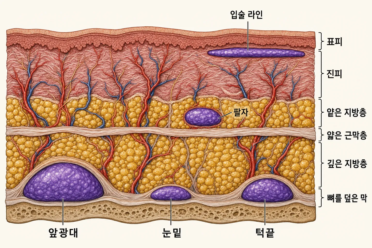 얼굴 피부를 세로로 자른 단면에 자리별 주입 깊이를 표시한 그림 — 위에서부터 표피, 진피, 얕은 지방층, 얇은 근막층, 깊은 지방층, 뼈를 덮은 막이 층으로 나뉘고, 앞광대와 턱끝은 뼈를 덮은 막 바로 위 깊은 층에, 팔자는 얕은 지방층에, 눈밑은 앞광대·턱끝과 마찬가지로 뼈를 덮은 막 바로 위에, 입술 라인은 진피에 겔이 놓인 모습