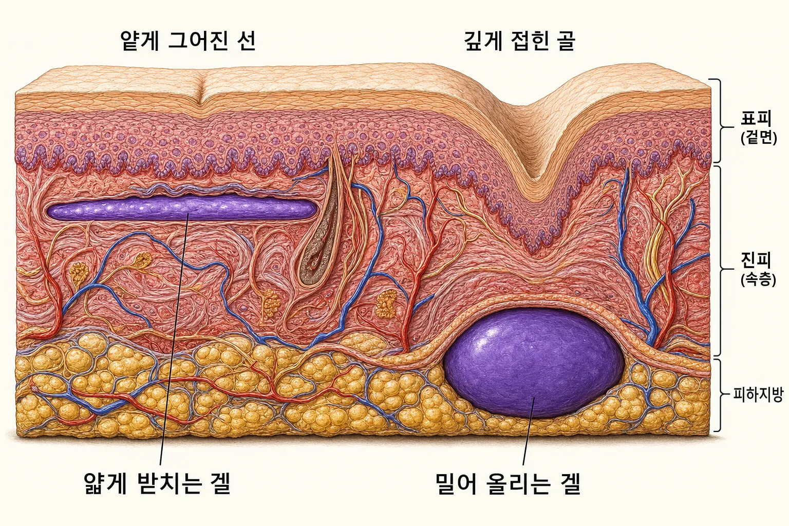 피부를 세로로 자른 한 단면에 두 자리를 나란히 그린 그림 — 위에서부터 피부 겉면인 표피, 그 아래 속층인 진피, 가장 아래 피부밑 지방층인 피하지방 세 층으로 나뉘며, 왼쪽은 표면에 얕게 파인 가는 선 아래 진피에 겔이 얇은 띠로 깔려 선을 아래에서 받쳐 세운 모습, 오른쪽은 깊게 접힌 골 아래 피하지방에 겔이 둥근 덩어리로 놓여 골을 아래에서 밀어 올리는 모습