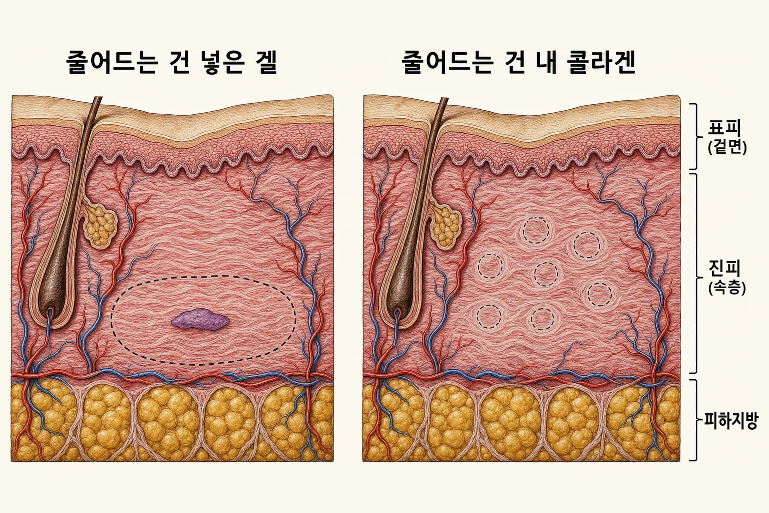 피부 단면을 두 칸으로 나눠, 왼쪽은 넣은 겔이 거의 사라지고 조금만 남은 모습을, 오른쪽은 입자가 사라진 자리에 만들어졌던 콜라겐 결이 옅어지며 함께 줄어드는 모습을 비교한 그림