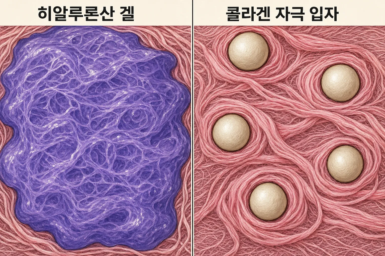 히알루론산 겔과 콜라겐 자극 입자를 피부 조직 안에서 크게 확대해 나란히 비교한 그림 — 왼쪽은 보라색 겔이 서로 이어져 빈틈 없이 자리를 채우고, 오른쪽은 흰 구슬 모양 입자가 드문드문 떨어져 있고 그 둘레로 굵은 분홍색 콜라겐 다발이 동그랗게 감겨 배경의 가는 콜라겐 결과 뚜렷이 구분되는 모습