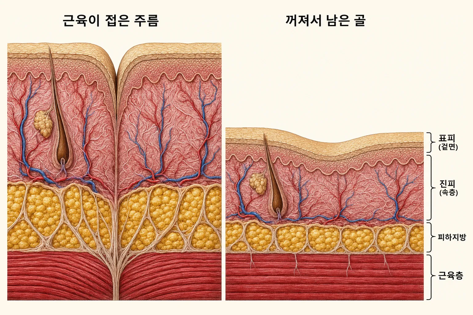 같은 피부 자리를 두 칸으로 나눠 비교한 그림 — 왼쪽은 근육에서 올라온 섬유 가닥이 피부를 아래로 당겨 표면이 좁게 접힌 모습, 오른쪽은 진피와 피하지방이 절반 가까이 얇아져 표면이 완만하게 내려앉은 모습