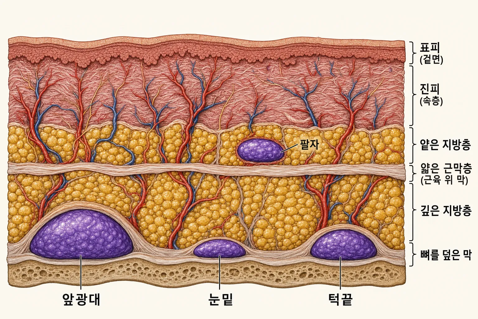 얼굴 피부를 세로로 자른 단면에 자리별 주입 깊이를 표시한 그림 — 위에서부터 표피, 진피, 얕은 지방층, 얇은 근막층, 깊은 지방층, 뼈를 덮은 막이 층으로 나뉘고, 앞광대와 턱끝은 뼈를 덮은 막 바로 위 깊은 층에, 팔자는 얕은 지방층에, 눈밑은 앞광대·턱끝과 마찬가지로 뼈를 덮은 막 바로 위에 겔이 놓인 모습
