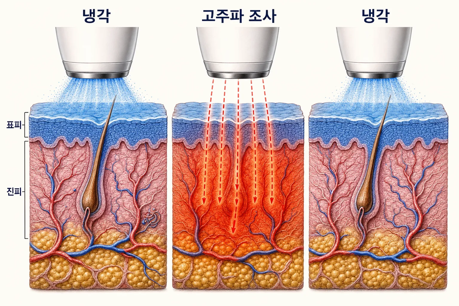 써마지 조사 단면 도해 — 조사 전후로 냉각 가스가 표면을 보호하고, 고주파 열이 진피층 전체에 퍼지는 모습