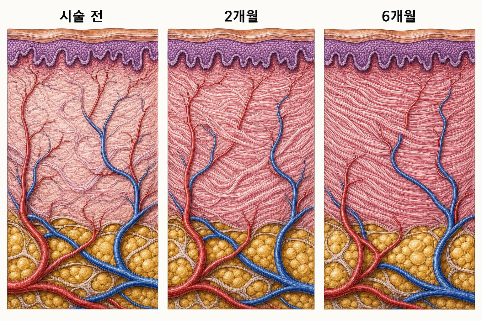 진피 콜라겐 밀도와 배열 변화 도해 — 시술 전 느슨하던 콜라겐이 2개월, 6개월을 지나며 촘촘하게 차오르는 과정