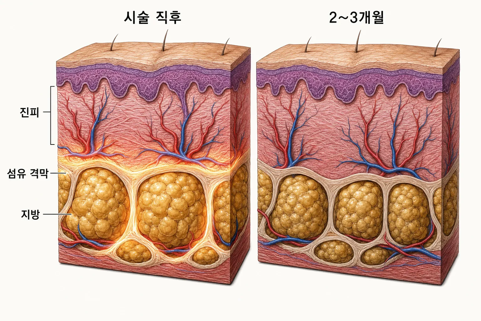 온다 효과 2단계 조직 변화 단면 — 시술 직후에는 진피와 섬유 격막이 조여지고, 2~3개월에 걸쳐 지방소엽 부피가 줄어드는 모습 (개인차 있음)