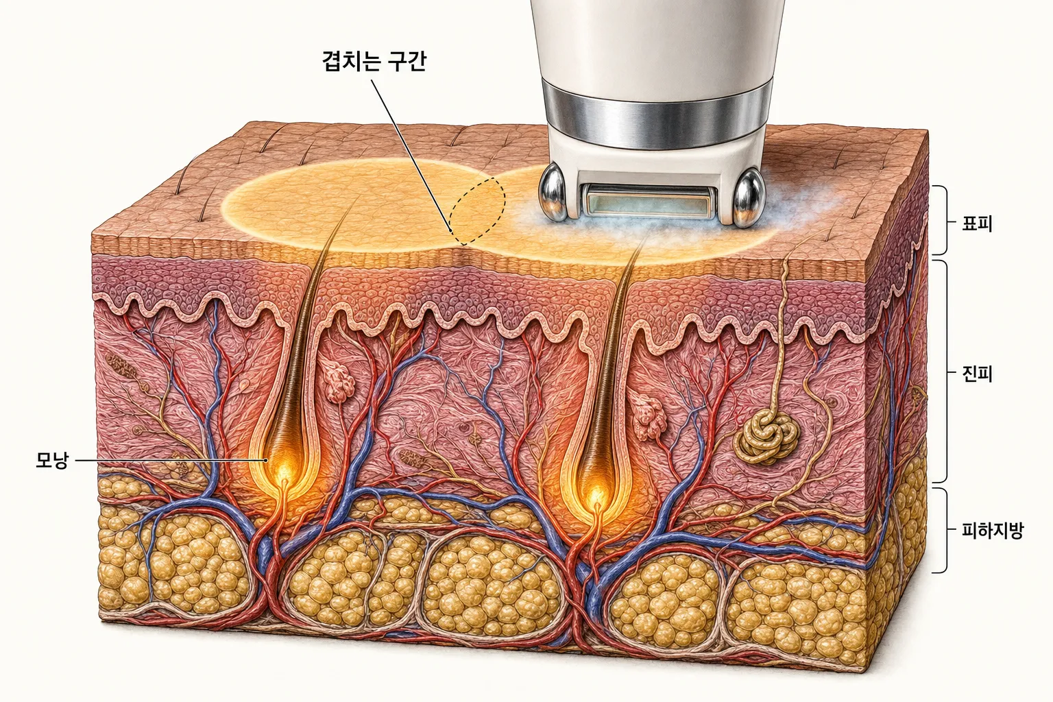 핸드피스를 피부 위로 굴리며 쏜 자국 두 곳이 서로 조금씩 겹쳐 이어지는 피부 단면 — 자국마다 그 아래 모낭 뿌리에 열이 모이는 모습