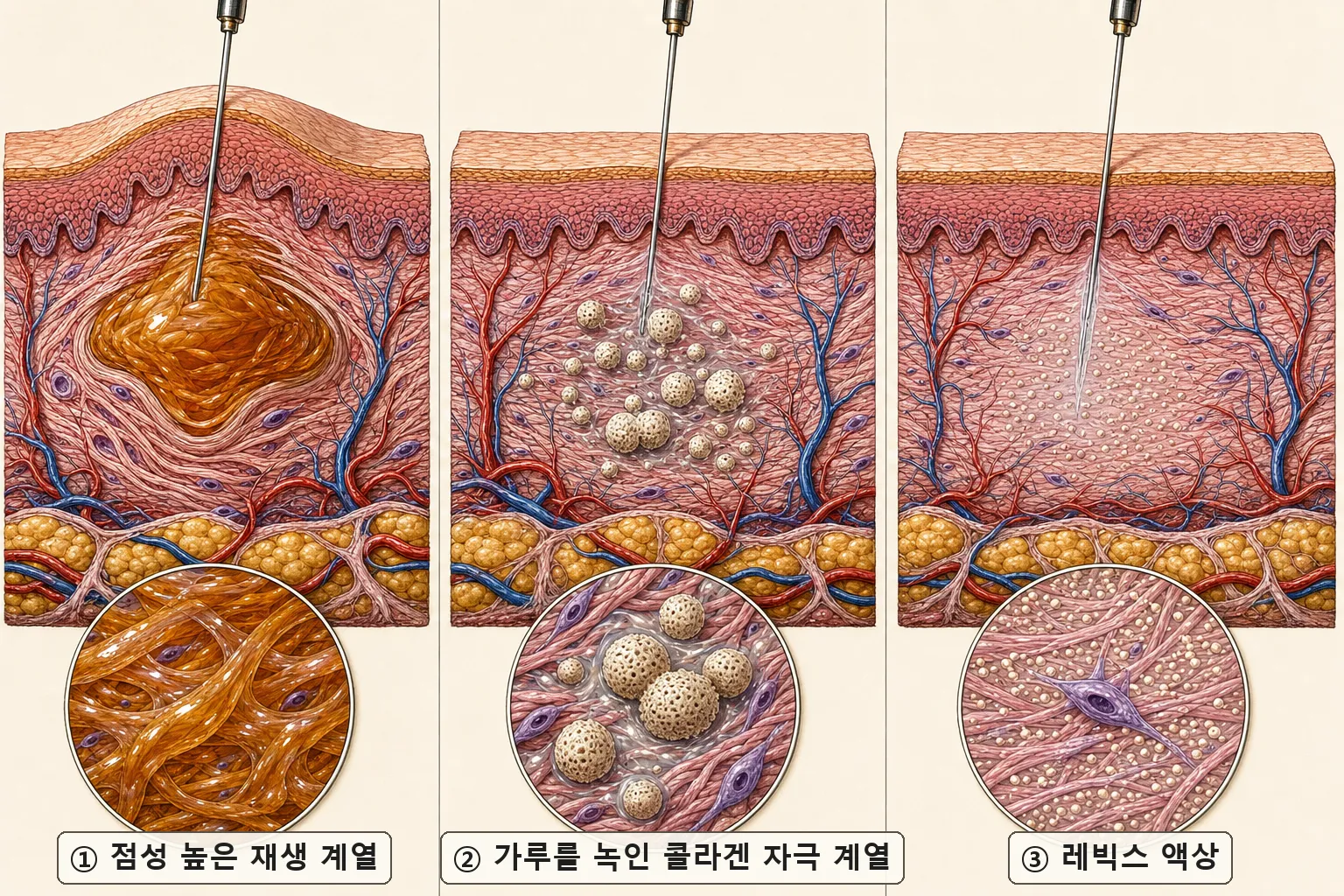 점성이 높은 PN 재생 주사가 진피에서 한 덩이로 모여 표면이 봉긋 올라온 단면, 가루를 물에 녹인 콜라겐 자극 주사의 입자가 조직 사이에 퍼진 단면, 레빅스의 액상 미세 입자가 콜라겐 사이로 고르게 스며 표면이 거의 평탄한 단면을 나란히 비교한 도해 — 확대 그림은 각 타입의 질감