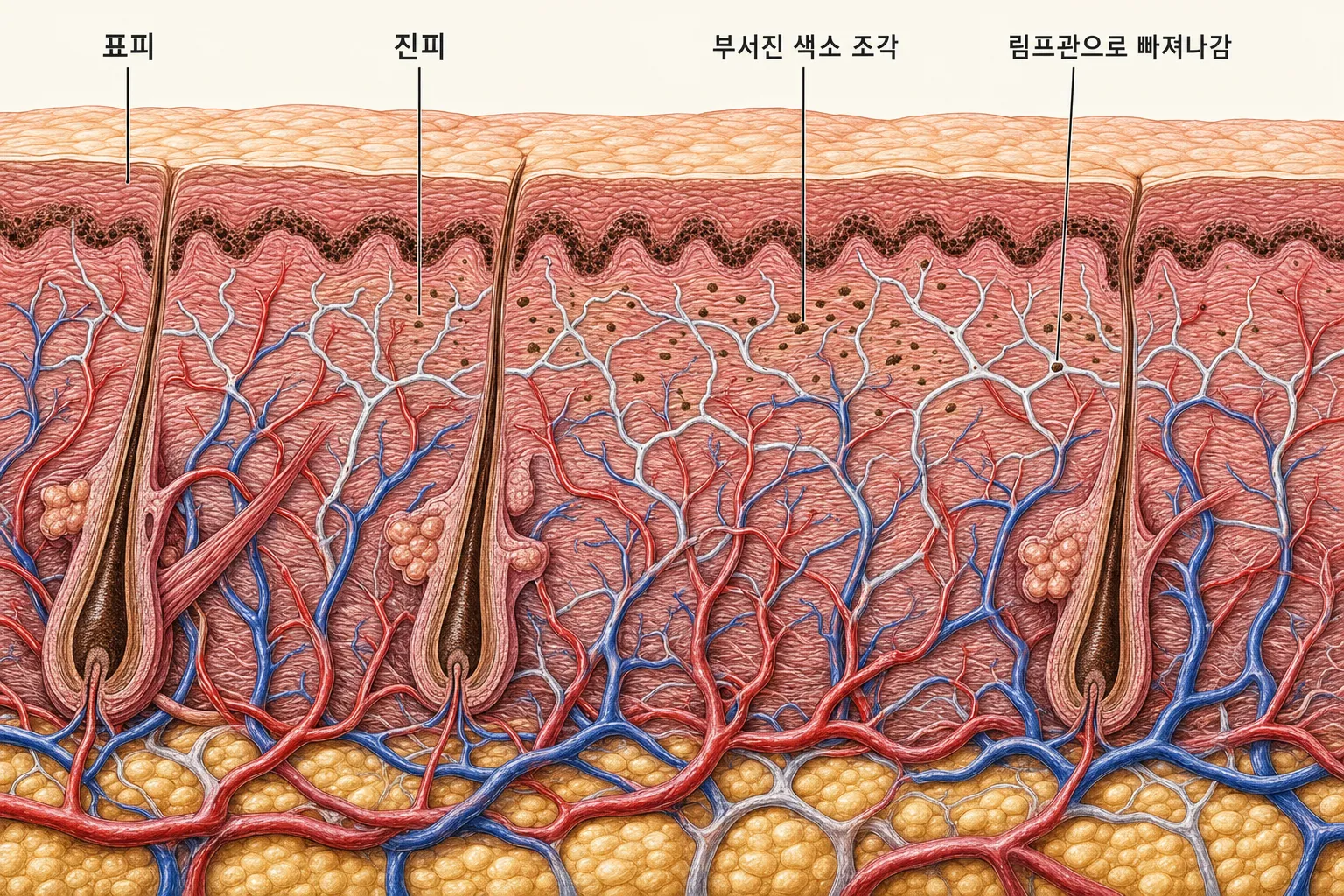 표피 깊은 곳에 남아 있는 색소와 진피에 흩어진 조각, 그리고 혈관 옆으로 그물처럼 이어진 가는 림프관 안으로 들어간 조각을 함께 보여주는 피부 단면 도해