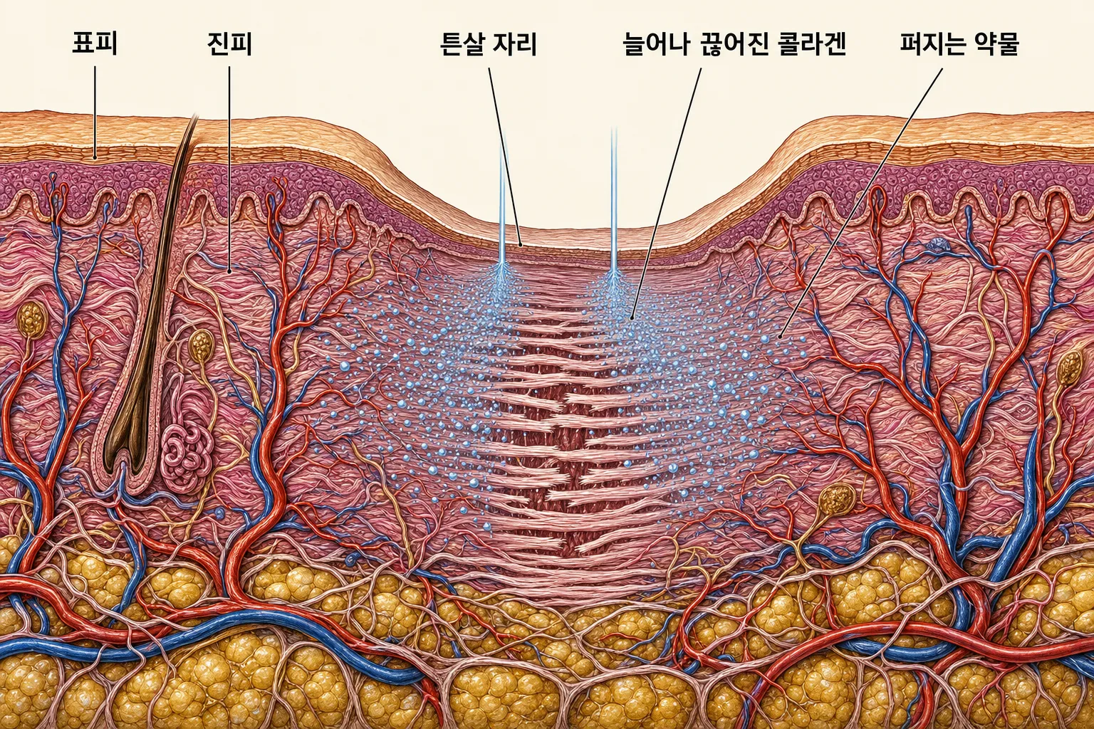 튼살 자리에서 표피가 얇아지고 진피 콜라겐이 늘어나 끊어져 있으며, 그 층으로 액체 제트가 약물을 안개처럼 퍼뜨리는 피부 단면 도해