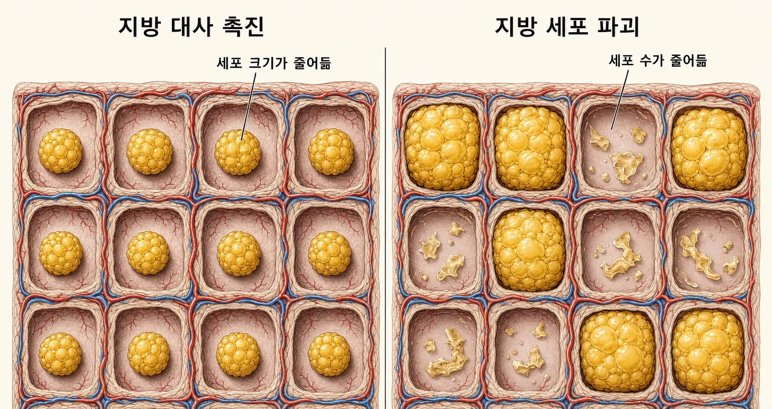 왼쪽은 지방 세포의 크기가 작아진 모습, 오른쪽은 세포막이 무너져 세포 수 자체가 줄어든 모습을 나란히 그린 피하지방 단면 도해