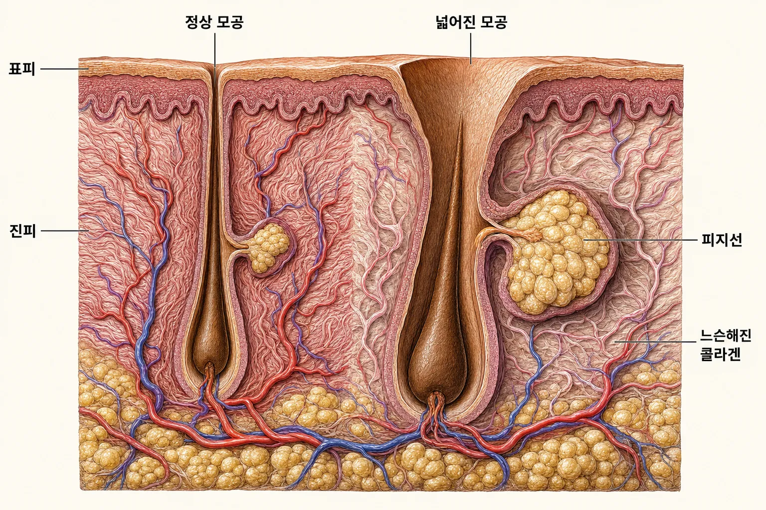 왼쪽에 좁고 탄탄한 정상 모공, 오른쪽에 넓어진 모공을 나란히 그린 피부 단면 도해 — 오른쪽은 피지선이 커져 있고 둘레 콜라겐이 느슨하게 풀려 있음