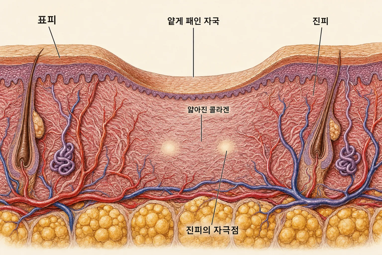 표면이 완만하게 꺼진 자국 아래로 진피가 얇아지고 콜라겐도 얇아져 있으며, 그 안에 자극점이 놓인 피부 단면 도해