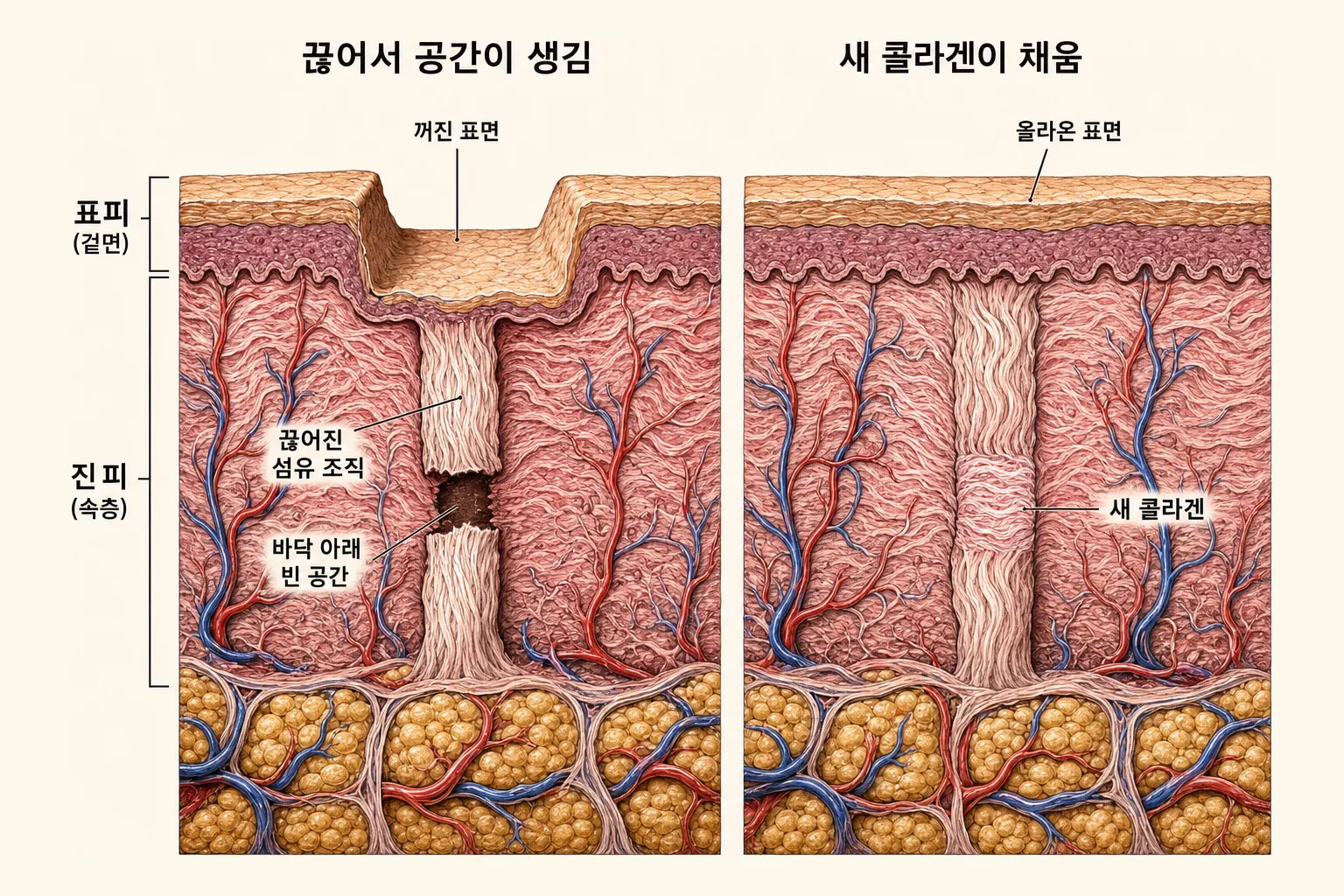 패인 흉터가 차오르는 두 단계를 나란히 그린 피부 단면 — 왼쪽은 흉터 바닥을 아래로 당기던 섬유 조직이 끊어져 바닥 아래에 빈 공간이 생긴 모습, 오른쪽은 그 공간을 새로 만들어진 콜라겐이 채워 꺼졌던 표면이 올라온 모습