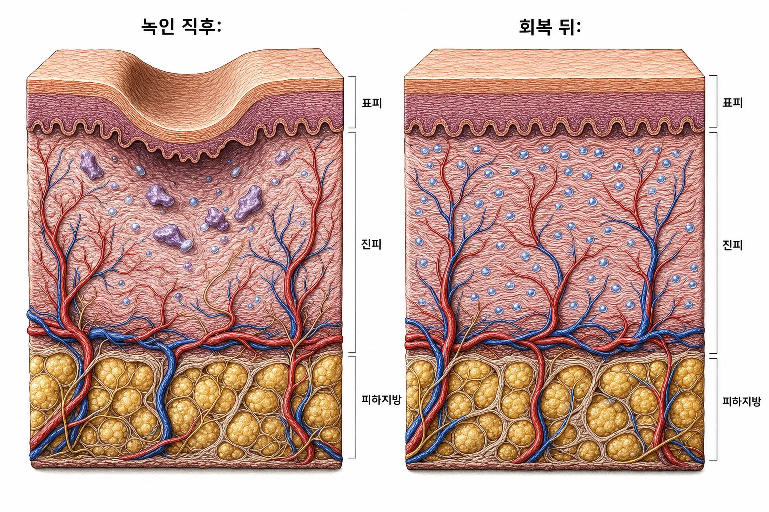 왼쪽은 필러 겔이 풀어지며 그 자리의 피부가 일시적으로 꺼진 직후, 오른쪽은 몸이 히알루론산을 다시 만들어 진피에 수분이 고르게 채워지고 표면이 편평하게 돌아온 뒤의 모습을 나란히 그린 피부 단면 도해