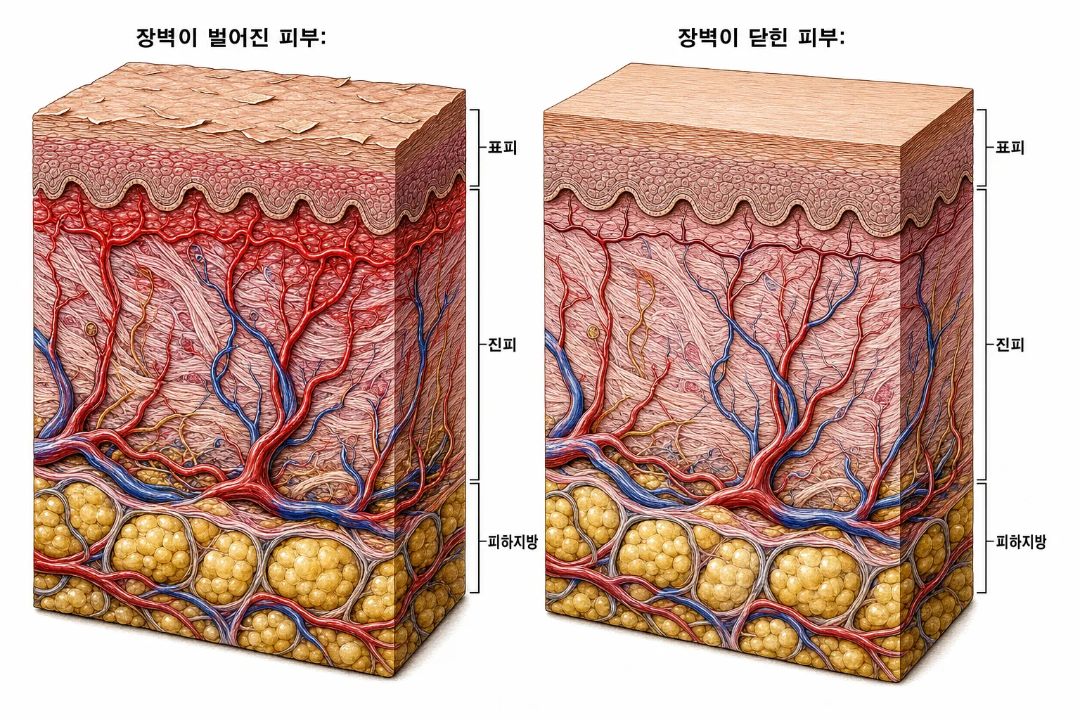 왼쪽은 표피 바깥 장벽이 잘게 들뜨고 진피 혈관이 늘어나 붉어진 피부, 오른쪽은 장벽이 촘촘히 닫히고 혈관이 가라앉은 피부를 나란히 그린 단면 도해